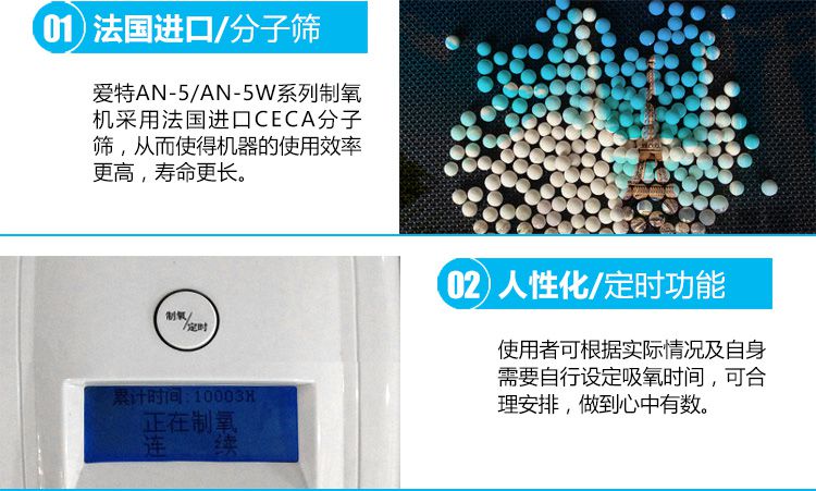 爱特制氧机AN-5W采用法国进口CECA分子筛，大大提高了及其效率及使用寿命。